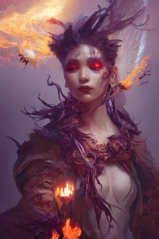 Image similar to face closeup of beautiful girl necromancer, witch - doctor exploding into flowers, angels, 3 d render, hyper - realistic detailed portrait, holding fire and electricity, ruan jia, wlop. scifi, fantasy, magic the gathering, hyper detailed, octane render, concept art, peter mohrbacher