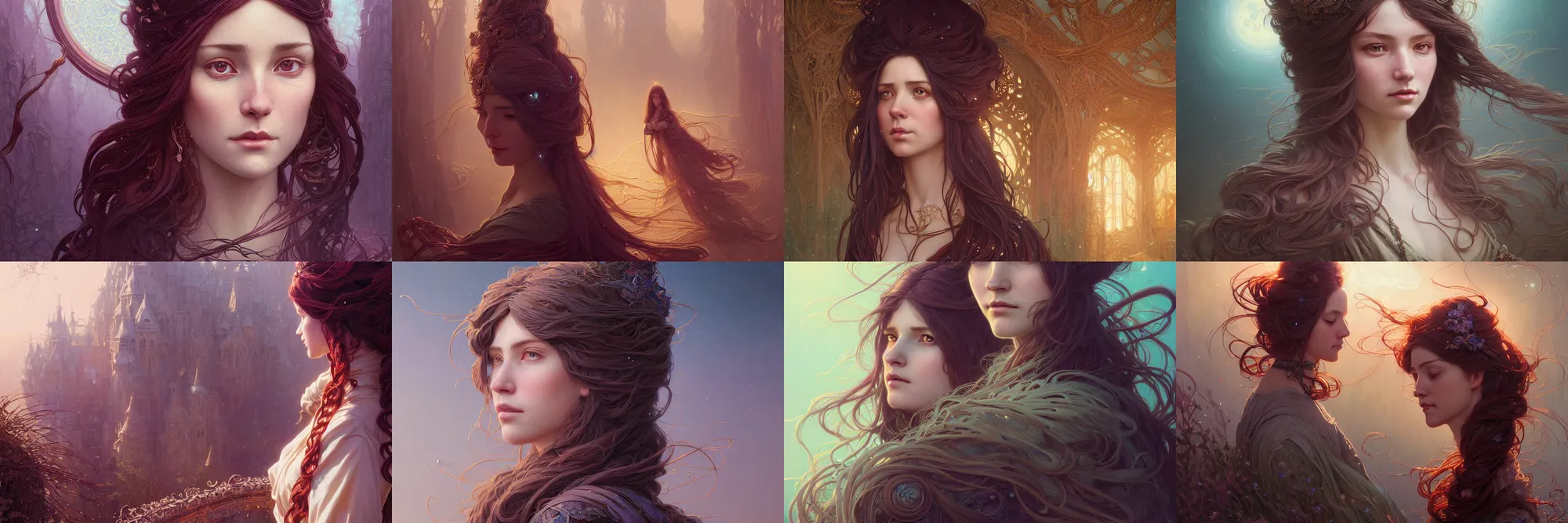 Image similar to highly detailed portrait of a woman with long hairs, stephen bliss, unreal engine, fantasy art by greg rutkowski, art nouveau, loish, rhads, ferdinand knab, makoto shinkai and lois van baarle, ilya kuvshinov, rossdraws, tom bagshaw, alphonse mucha, global illumination, radiant light, detailed and intricate environment