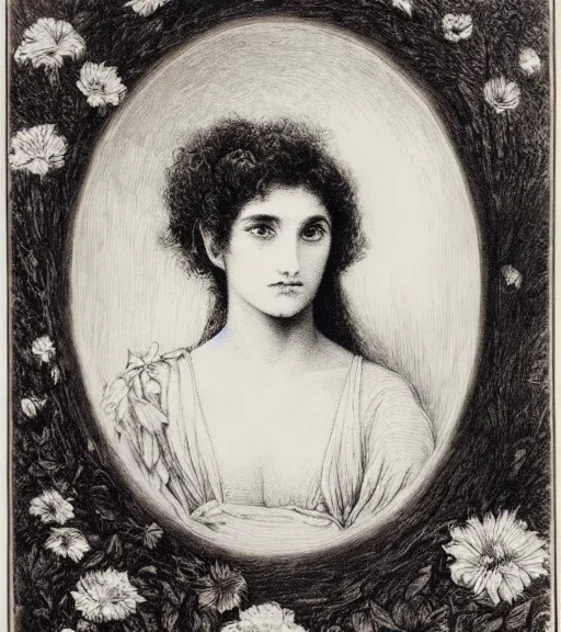 Image similar to black and white, portrait of a woman eyes in flowers, Gustave Dore lithography