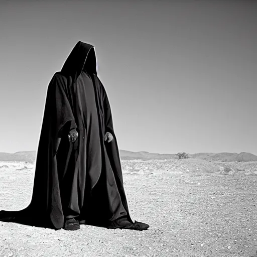 Prompt: a man wearing a long cloak and hood, in the desert, film still, panavision panaflex