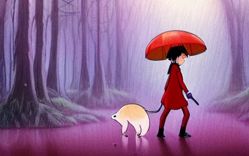 Prompt: a young girl holding an umbrella with her tiny pet capybara walking through the forest, raining, side view, shot from the side, walking to the left, art by hayao miyazaki, studio ghibli film, 4k, hi res, high detail