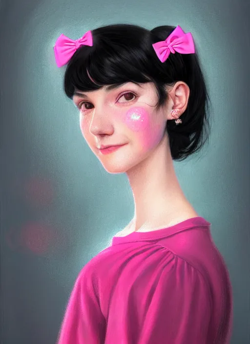 Image similar to portrait of high school girl, realistic, black hair, bangs, half updo hairstyle, pointy nose, skinny, smile, ugly, defined jawline, big chin, pink hair bow, earrings, intricate, elegant, glowing lights, highly detailed, digital painting, artstation, sharp focus, illustration, art by wlop, mars ravelo and greg rutkowski