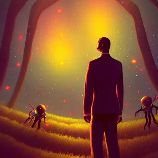 Prompt: extraterrestrial gentlemen surrounded by fireflies, artstation, kinkade