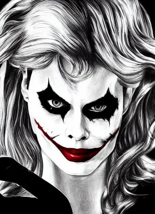 Image similar to a drawing margot robbie with joker makeup, ace card, realistic face, black and white, hyper realistic, highly detailed