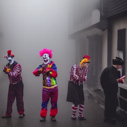 Prompt: a group of men dressed as clowns putting on makeup in a dark foggy alley