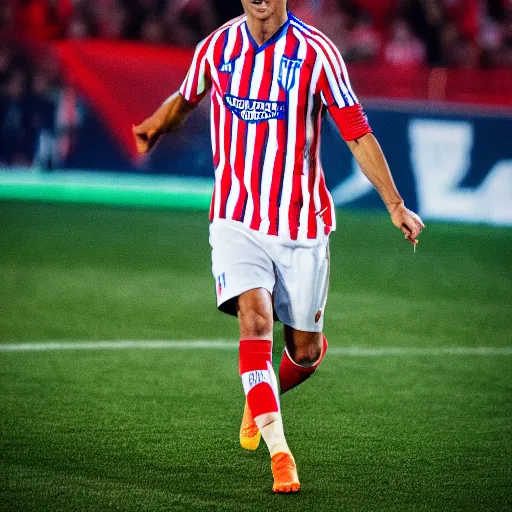 Prompt: cristiano ronaldo celebrating a goal dressed with the atletico de madrid football team shirt, 4 k extremely photorealistic, hyper detailed, canon eos - 1 d x mark iii, 3 0 0 mm