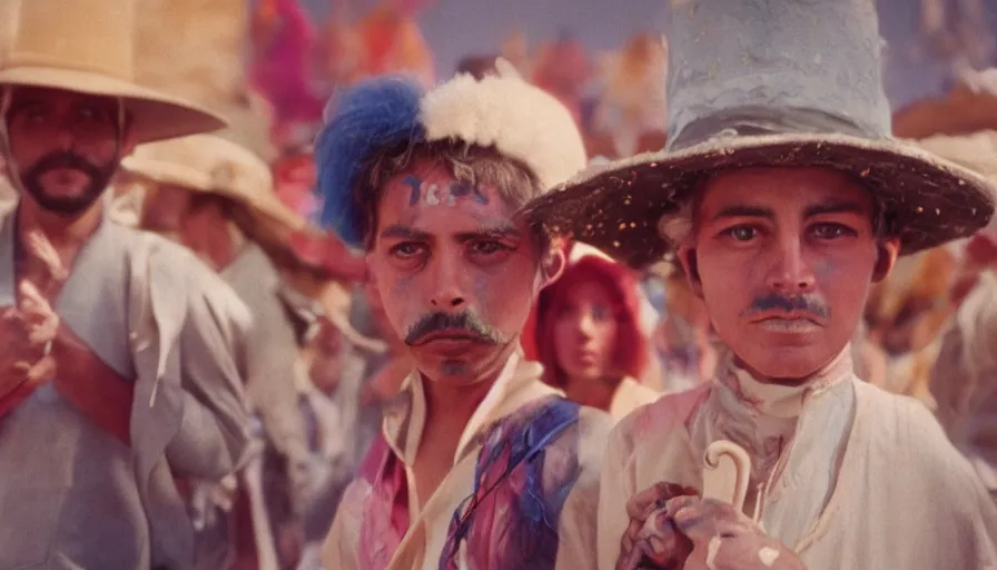 Image similar to movie still by alejandro jodorowsky of a carnival in the desert, cinestill 8 0 0 t eastmancolor technicolor, high quality, very detailed, heavy grain, fine facial features, 8 k, octane render