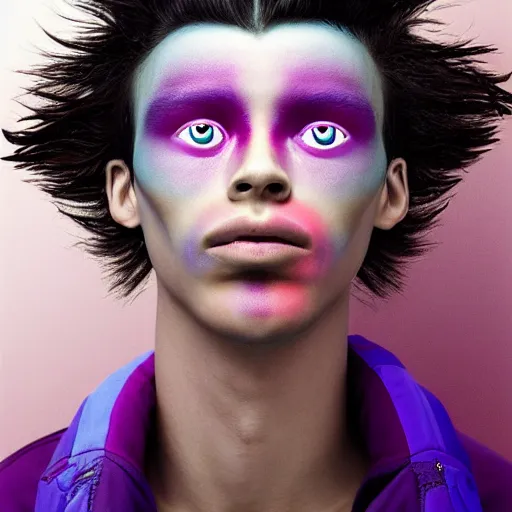 Image similar to a young beautiful slim athletic male with mexican facial features with alien dna, his skin has a pink and blue ombre hue, his eyes pupils are translucid and his hair moves with the wind, photographed by erwin olaf