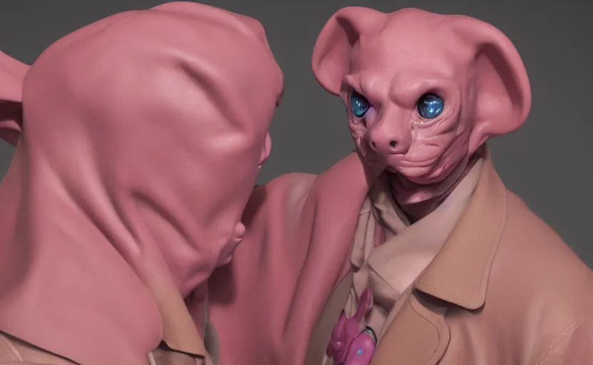 Prompt: a creepy slimy pink ocelot character, wearing a long beige trench coat, CGI, octane render, trending on artstation, 8K