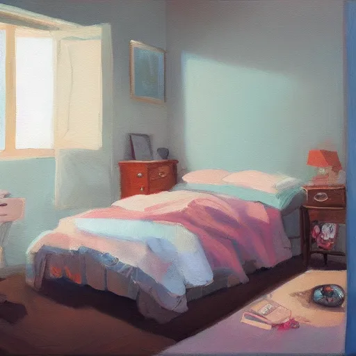 Image similar to a 2 0 0 0 s teen bedroom, oil painting, pale colors, high detail, 8 k, wide angle, trending on artstation,