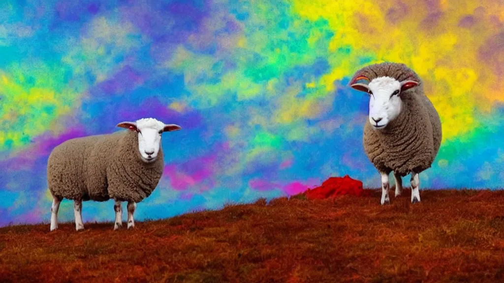 Prompt: portrait of a sheep on a colorful nebulous cloud backdrop