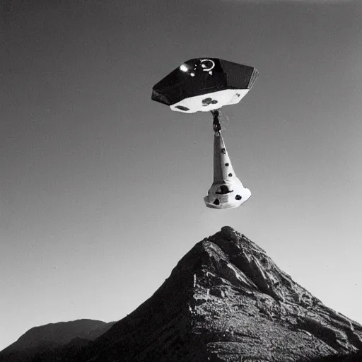 Prompt: photo of a ufo crashed into a mountain, black and white photo