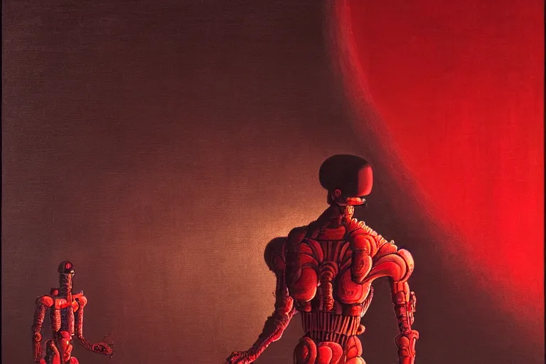 Image similar to only with red, a red samurai humanoid, tokio futuristic in background, yokai, in the style of beksinski, parts by edward hopper, parts by rodcenko, parts by yue minjun, intricate and epic composition, red by caravaggio, insanely quality, highly detailed, masterpiece, red light, artstation, 4 k