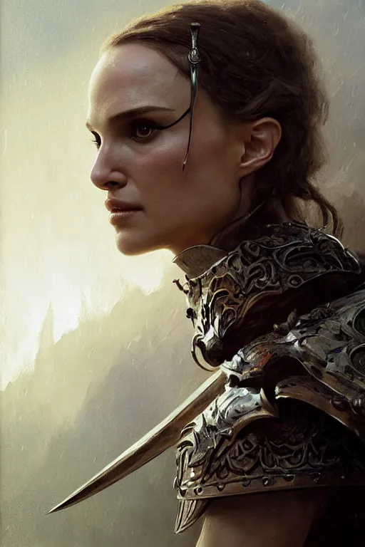 Image similar to natalie portman, legendary warrior, heroic, lord of the rings, tattoos, decorative ornaments, battle armor, by carl spitzweg, ismail inceoglu, vdragan bibin, hans thoma, greg rutkowski, alexandros pyromallis, perfect face, fine details, realistic shading photorealism