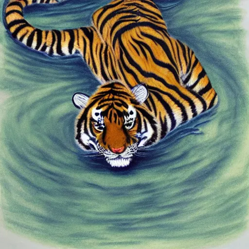 Image similar to drawing of a tiger cubs floating upside down in a pond of black oil, outsider art style