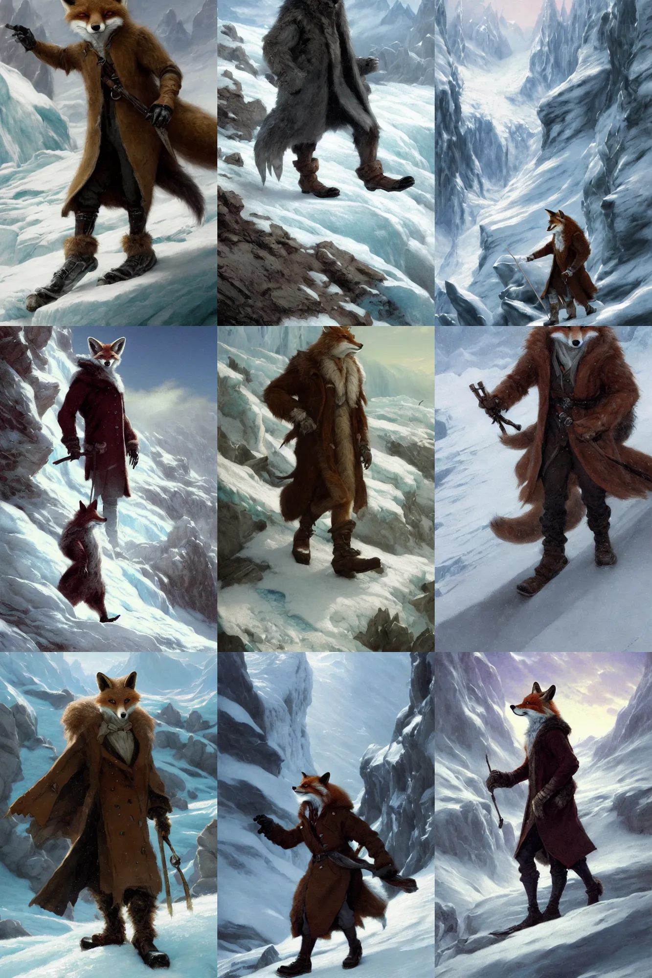 Prompt: an anthropomorphic fox man wearing a long coat walking across a glacier, character illustration by greg rutkowski, thomas kinkade, Howard Pyle, disney, El Greco, Cynthia Sheppard