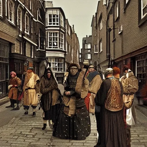 Prompt: a photograph, taken on an iphone, taken by a time traveler, on a busy street, in the year 1452, in London England