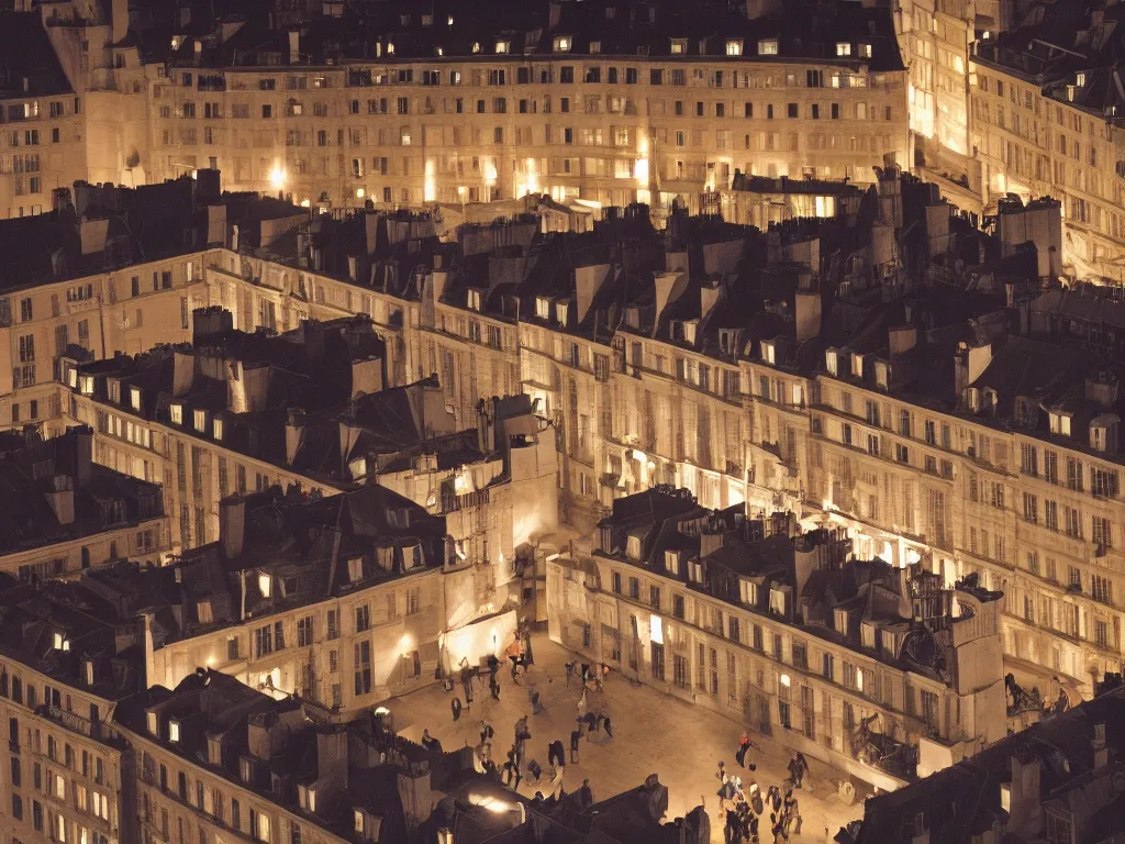 Prompt: people hanging out on the rooftop of the buildings of place des vosges at night