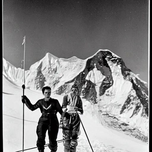 Prompt: b&w photo of Frida kahlo and Salvador Dali skiing down mount Everest