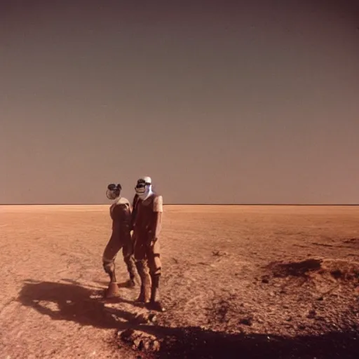 Image similar to two people wearing gasmasks, tubes, in desert, industrial, dystopian, arriflex 35