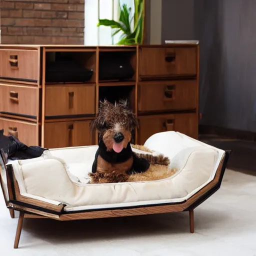 Prompt: wooden luxurious dog bed inspired by Le Corbusier