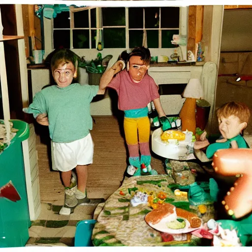 Image similar to gumby food fight inside abandoned dollhouse, 35mm grainy film photography