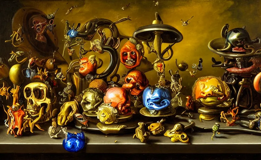 Prompt: disturbing colorful oil painting dutch golden age vanitas still life with bizarre humanoid faces strange beautiful flowers complex metal objects shiny gooey surfaces shiny metal bizarre insects rachel ruysch dali todd schorr very detailed perfect composition rule of thirds masterpiece canon 5 0 mm, cinematic lighting, chiaroscuro
