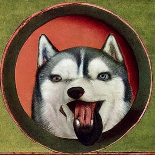 Prompt: a cute husky painted by hieronymus bosch