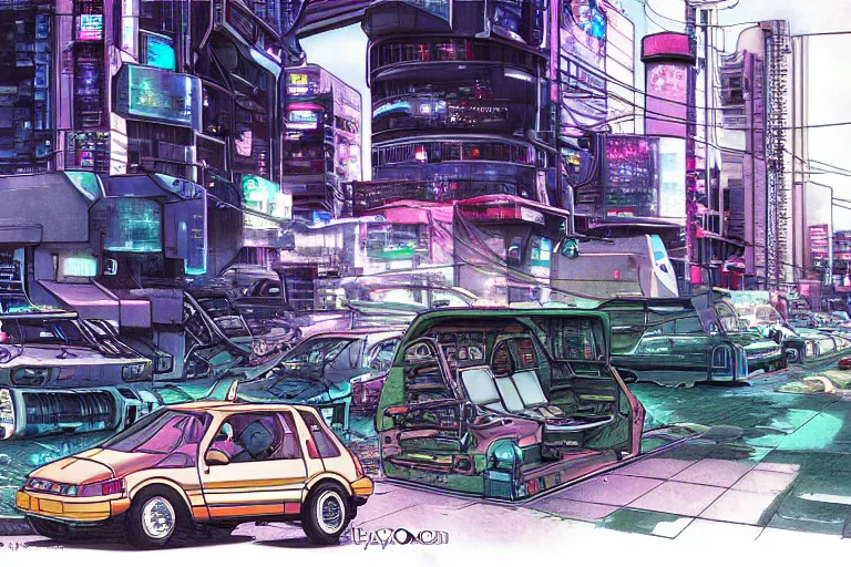 Prompt: 1990 Geo Metro, city in anime cyberpunk style by Hayao Miyazaki