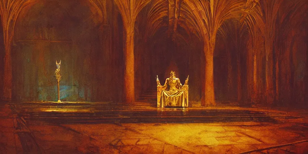 Prompt: a medieval king sitting on a golden throne led by stairs leaning on a shiny sword in a palace, illuminated by glowing light behind the throne, beksinski and syd mead cinematic colorful painting