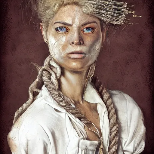 Image similar to portrait of a Shibari rope wrapped face and neck, headshot, insanely nice professional hair style, dramatic hair color, digital painting, of a old 18th century, tourist, wrap around eye patch, amber jewels, baroque, ornate clothing, scifi, realistic, hyper detailed, child, chiaroscuro, concept art, art by Franz Hals and Jon Foster and Ayami Kojima and Amano and Karol Bak,