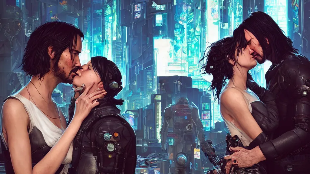 Image similar to a cyberpunk 2077 srcreenshot wedding couple portrait of a Keanu Reeves and a female android final kiss,love,film lighting,by Laurie Greasley,Lawrence Alma-Tadema,Andrei Riabovitchev,Dan Mumford,John Wick,Speed,Replicas,artstation,deviantart,FAN ART,full of color,Digital painting,face enhance,highly detailed,8K,octane,golden ratio,cinematic lighting