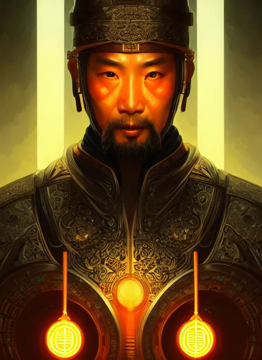 Prompt: symmetry!! portrait of old chinese warrior, tech wear, glowing lights!! intricate, elegant, highly detailed, digital painting, artstation, concept art, smooth, sharp focus, illustration, art by artgerm and greg rutkowski and alphonse mucha