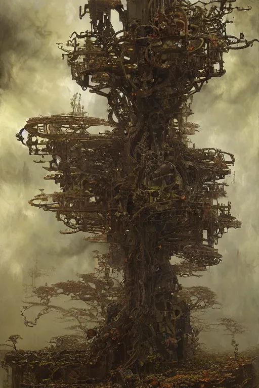 Prompt: dieselpunk tree made from engines, painted by ruan jia, raymond swanland, lawrence alma tadema, zdzislaw beksinski, norman rockwell, jack kirby, tom lovell, alex malveda, greg staples