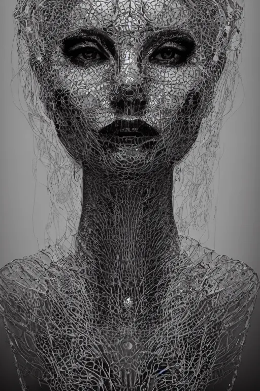 Image similar to portrait of a beautiful woman covered in intricate vails of human bones, dramatic lighting, artstation