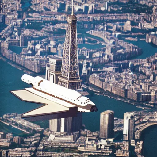 Image similar to a nasa space shuttle crushing into the eiffel tower