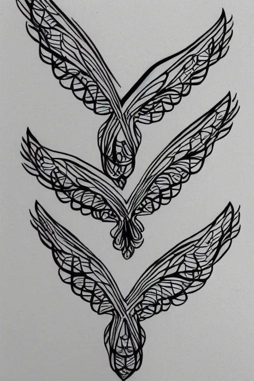 Image similar to a beautiful tattoo design of minimalist flying swallows made with lines and simple shapes, flying into geometric spirals, black ink, abstract logo, line art