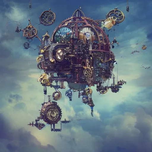 Prompt: flying city in a mechanical flower, sky, fantasy art, steampunk, masterpiece, octane