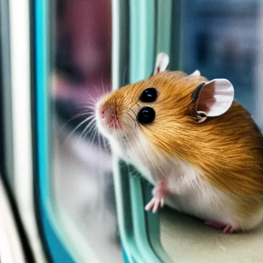 Image similar to photo of a hamster inside a metro train, looking out of the window, various poses, unedited, soft light, sharp focus, 8 k