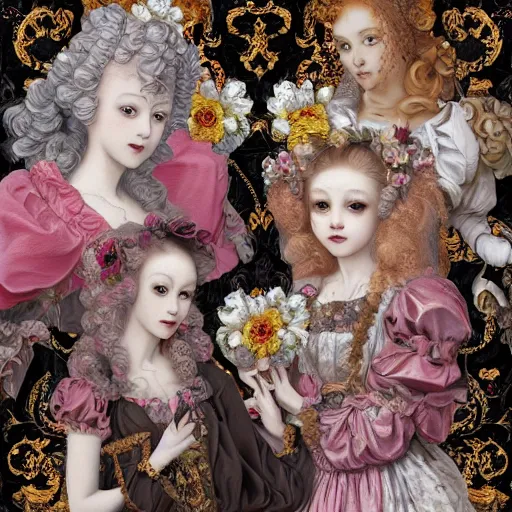 Prompt: 8k, realism, renaissance, rococo, baroque, group of creepy young ladies wearing renaissance long harajuku manga dress with flowers and skulls, background chaotic flowers