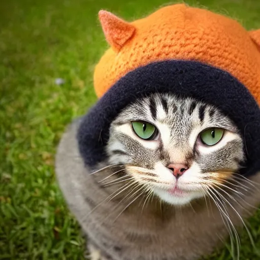 Image similar to cute cat photo, wearing wool hat, tongue mlem, cat ears