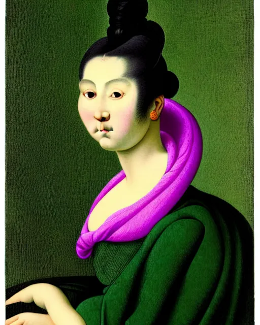 Image similar to photo-realistic portrait of an asian woman with purple hair buns, wearing a neon green dress by Vivienne Westwood, intricate details, masterpiece, in the style of Jean Auguste Dominique Ingres, black background