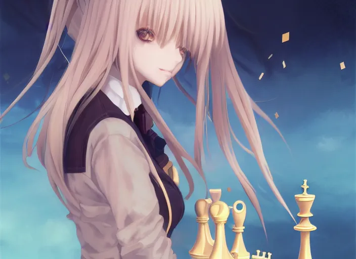 Image similar to an anime girl playing chess, with gold eyes, straight hair, sky blue hair, long bangs, high collar, concept art, award winning photography, digital painting, cinematic, by wlop, anime key visual, wlop, 8 k, by ross tran, tom bagshaw, andy warhol