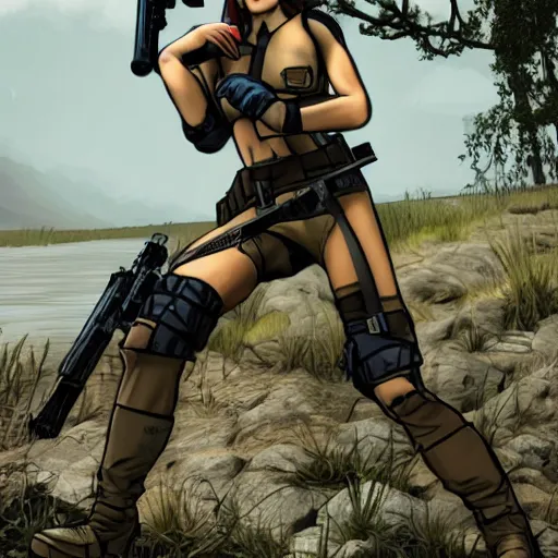 Prompt: quiet from metal gear solid, crouching near a river, intrigued, sun flairs,