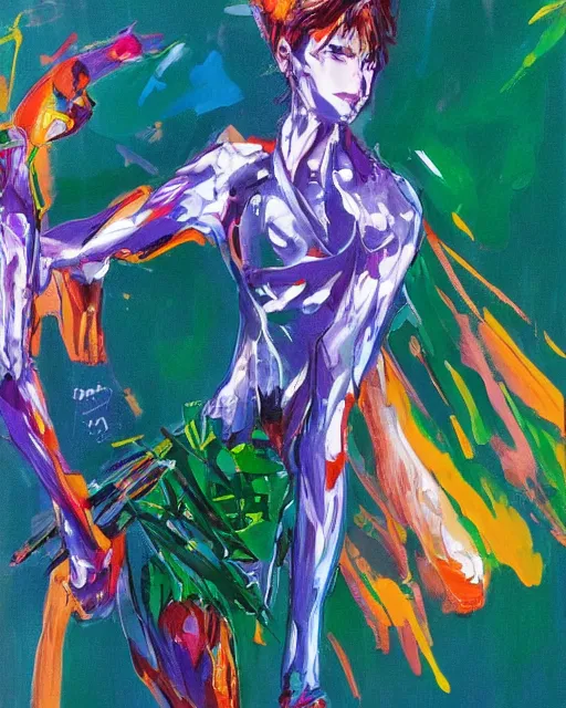 Prompt: purple green orange color, neon genesis evangelion unit 0 1 portrait, by ashley wood, yoji shinkawa, jamie hewlett, 6 0's french movie poster, french impressionism, vivid colors, palette knife and brush strokes