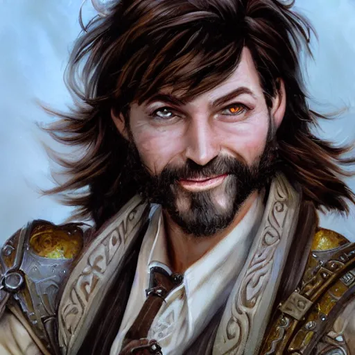 Prompt: cassidy beautiful portrait painting of a very short and small male halfing bard with brown hair with some grey hairs, full beard, ridiculous smile, from pathfinder, evil smirk, narcissist, self centered, casting fireball, painted by larry elmore, wayne reynolds, greg rutkowski, magic the gathering, dungeons and dragons, dishonored 2