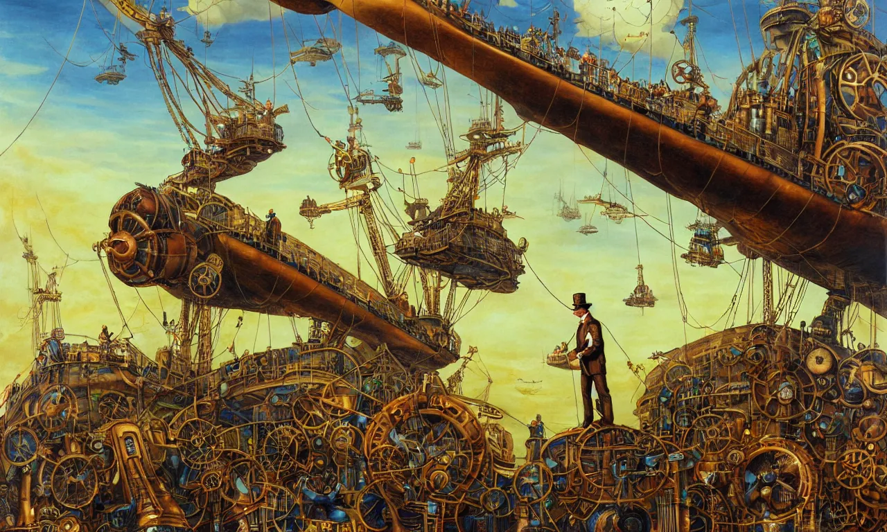 Image similar to close up of a gentleman navigator standing on deck of his steampunk airship flying over a vast ocean of a very large language model, observing giant flying robot harvesters collecting data relations in the background, painted by josh kirby, ligne claire, very detailed and colorful, low light