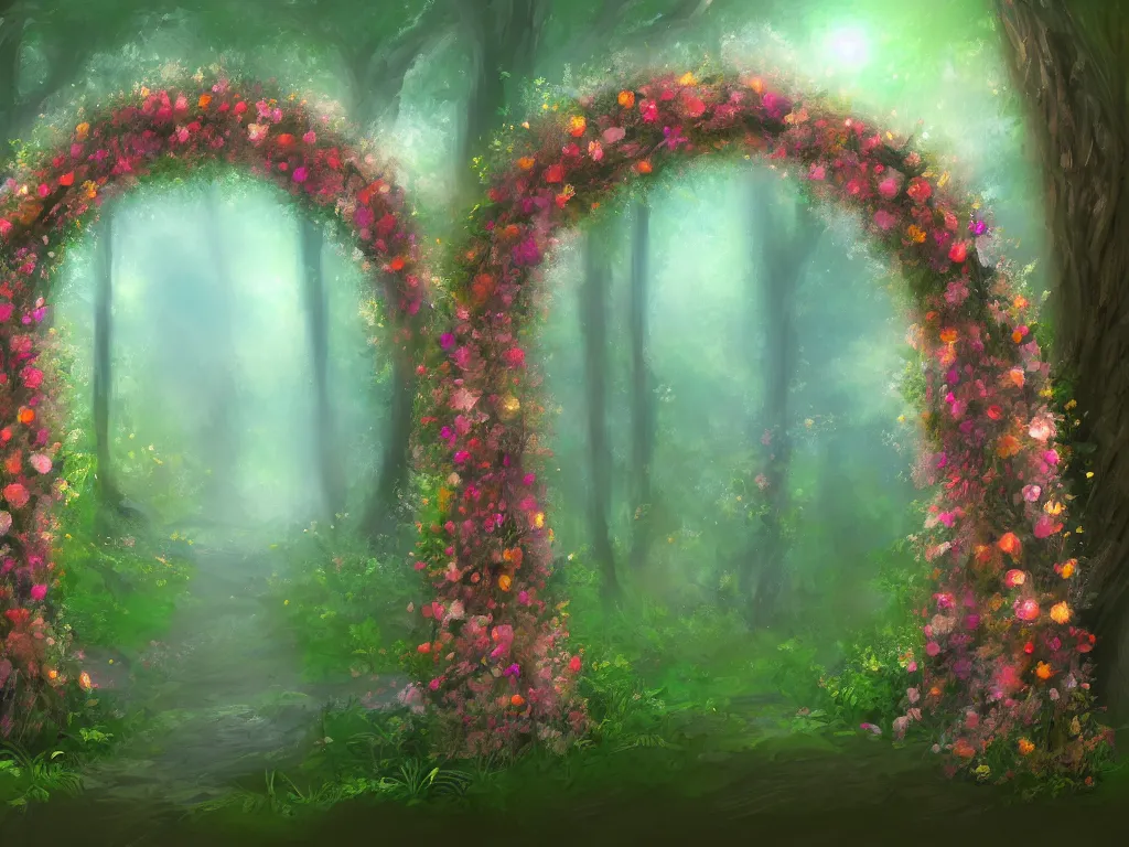 Prompt: A beautiful digital illustration painting of a floral archway in the woods , 8k resolution deviantart trending on Artstation concept art digital illustration