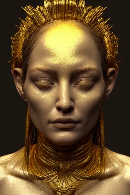 Prompt: a photorealistic portrait of a goddess ((Gold fluid simulation in the background)), perfectly proportioned face, ultra super good realistic 3D render by Pete Morbacher and Emil Melmoth, insanely detailed, trending on artstation