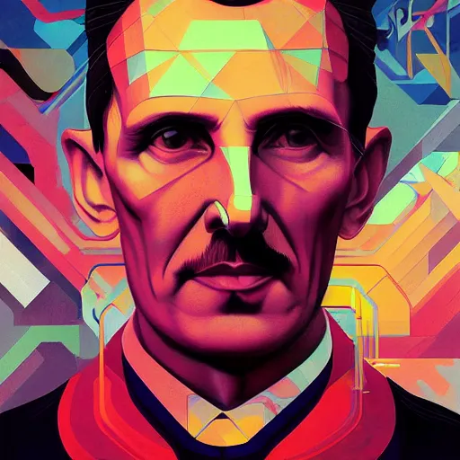 Image similar to majestic futuristic visionary inventor nikola tesla profile picture by sachin teng and android jones, masterpiece, organic painting, matte painting, technical geometrical drawing shapes, electrical color, hard edges, graffiti, street art by sachin teng